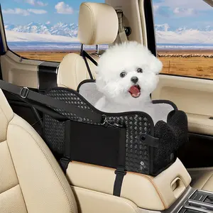 Comfortable Central Armrest Pet Car Seat, Portable Heated Booster Seat, Luxury Pet Car Seat for Cats Dogs, Safety Belt, Breathable Mesh, Soft Cushion