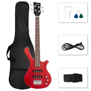 36" GW101 Small-Scale Electric Bass Guitar - Mahogany Body, Red SS Pickups, Travel-Friendly, Adjustable, with Case, for Rock Players