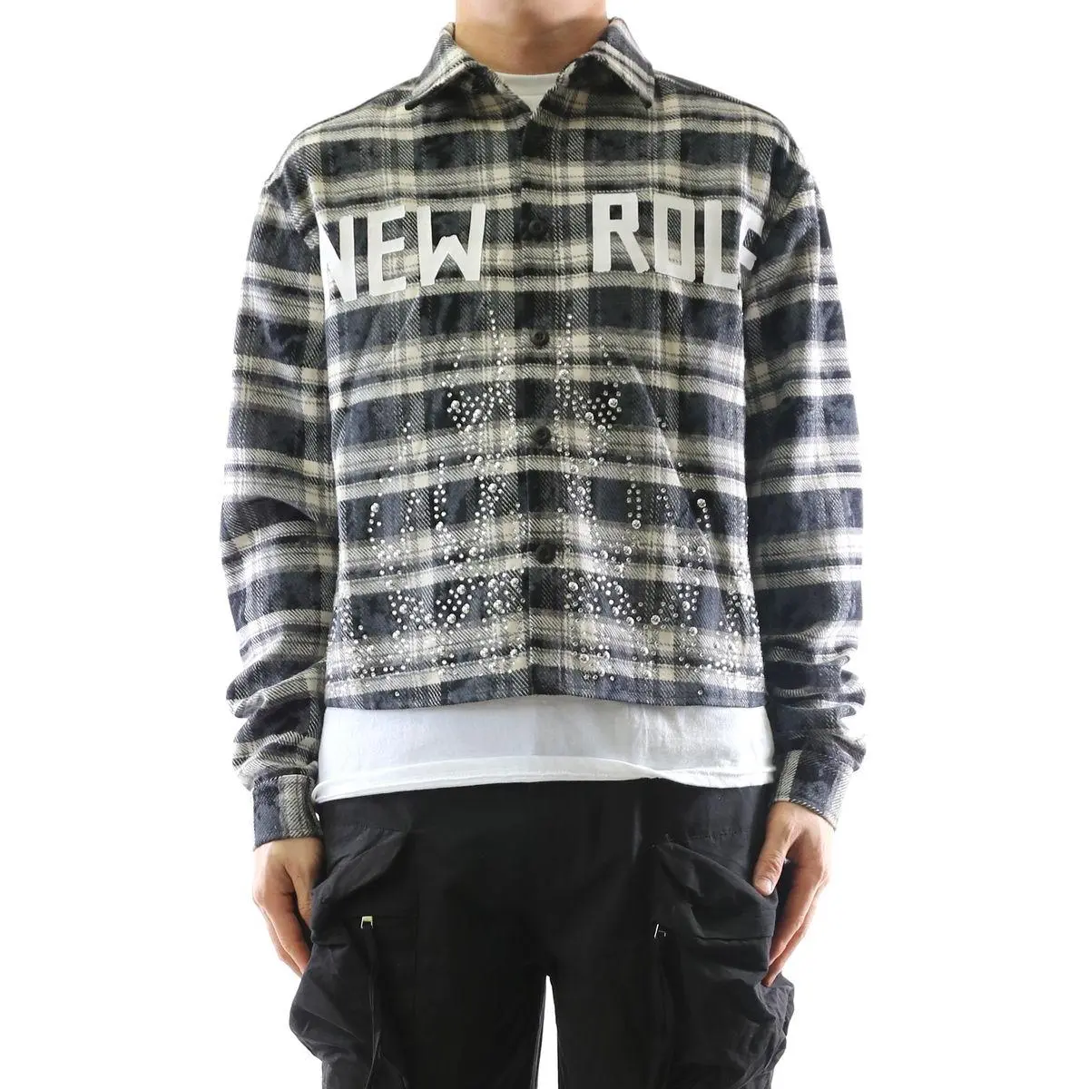 Men's Long Sleeve Cropped Heavy Flannel Shacket - Classic Plaid Print Streetwear Shirt with Rhinestones, Crop Top, Fabric, Menswear, Checked, Casual, Cotton, Longsleeves