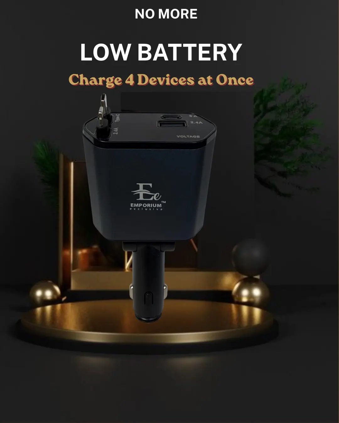 120W 4-in-1 Retractable Automotive Charger, Fast Charging Supported Multiport Charger with USB-C/Lightning Cables, 12v-24v Input for iOS & Android Samsung Devices