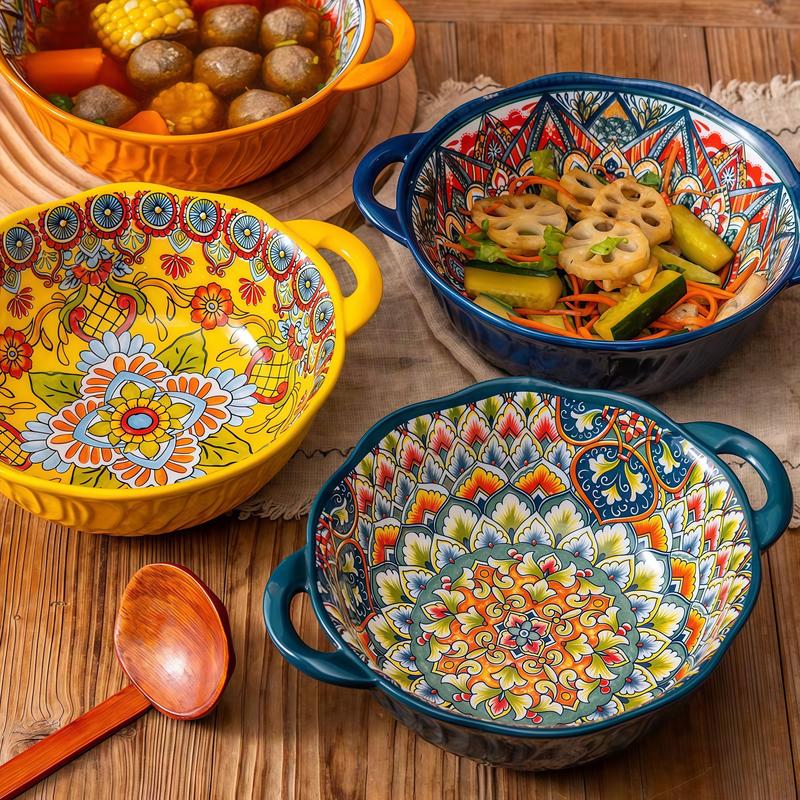 4 Piece Boho Ceramic Serving Bowls with Handles, 22 Oz Porcelain Salad Bowls, Large Serving Dishes for Entertaining, Mixing Bowls for Stew, Pasta, Cereal, Cute French Onion Soup  Bowls Set