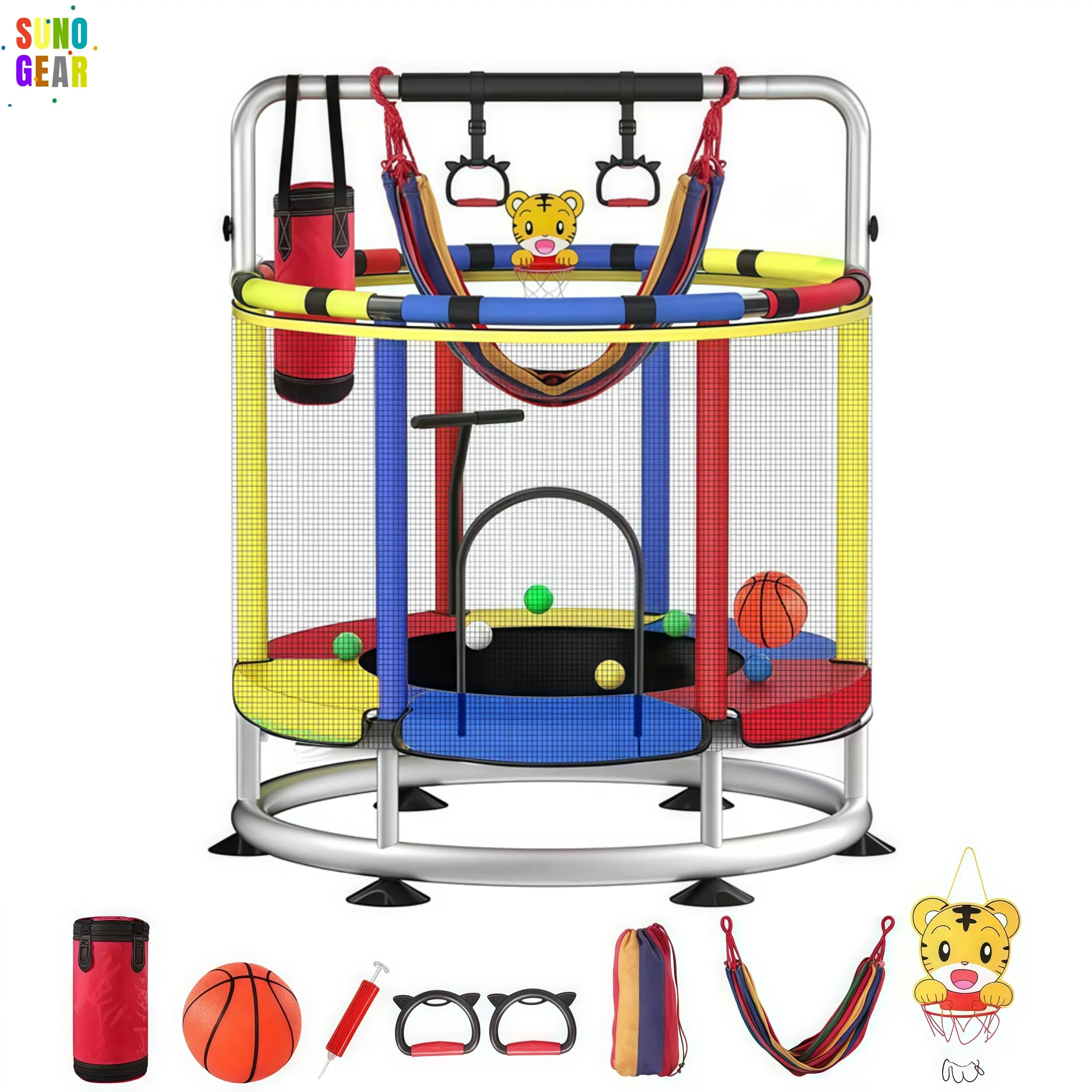55'' Kids Mini Trampoline with Basketball Hoop, Safety Net, Swing, Sandbag, Rings & Ocean Balls - Trampoline Workout Toy, Indoor/Outdoor Play Set, Colorful Gift for Boys & Girls Playroom