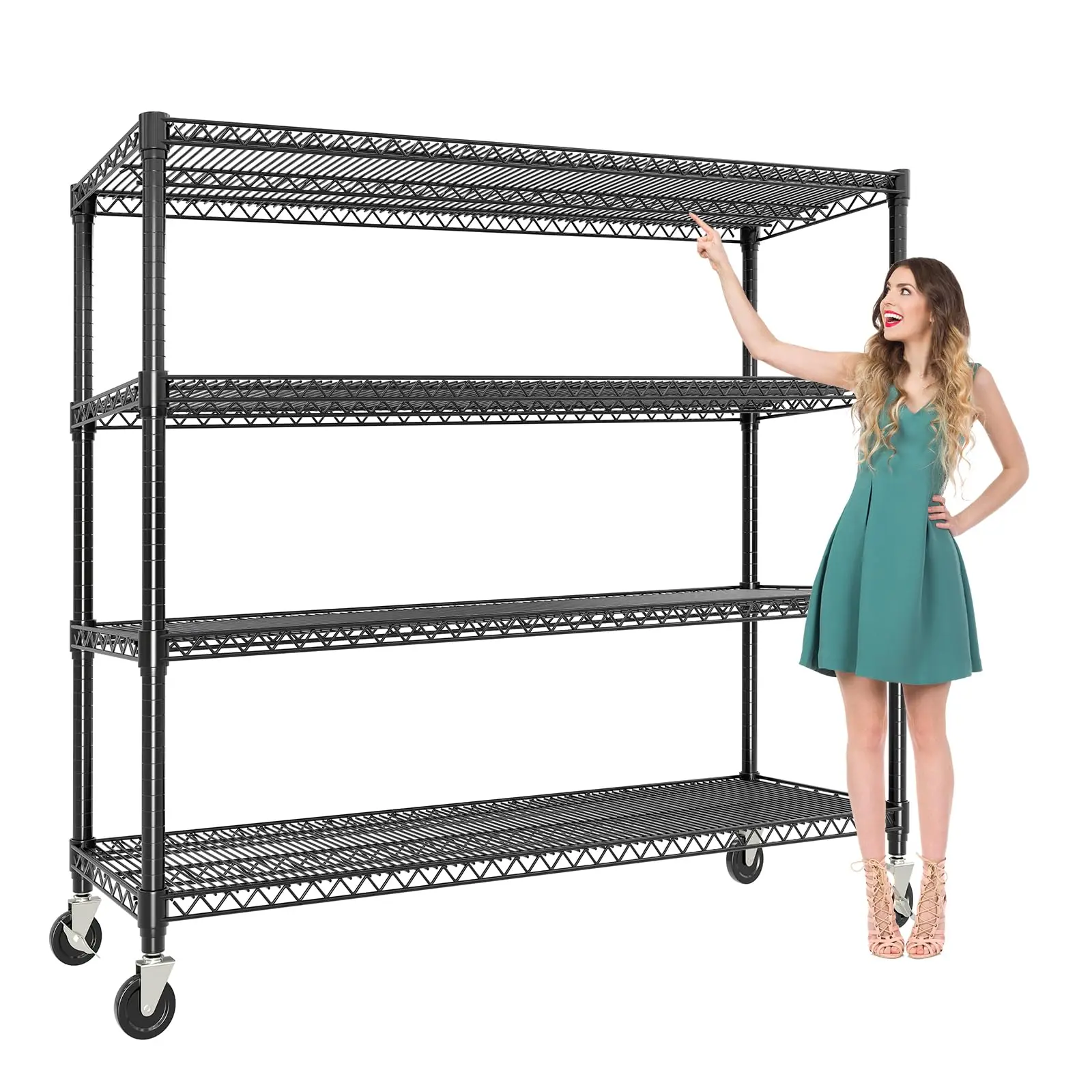 Gaomon Industrial 59" Wide Carbon Steel 4-Layer Heavy Duty Metal Shelf Organiser Unit with Wheels, 2640LBS Capacity (660LBS Per Layer), Adjustable Commercial-Grade Floor-Standing Rack for Garage, Kitchen (For Commercial Users, Single Unit)