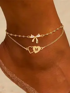 2 Piece Set Heart Initial Bow Ankle Chain, Fashion Stainless Steel Multi-Layer Anklet, Casual All Seasons Jewelry for Women, Trendy Jewelry, Fashionable Accessories