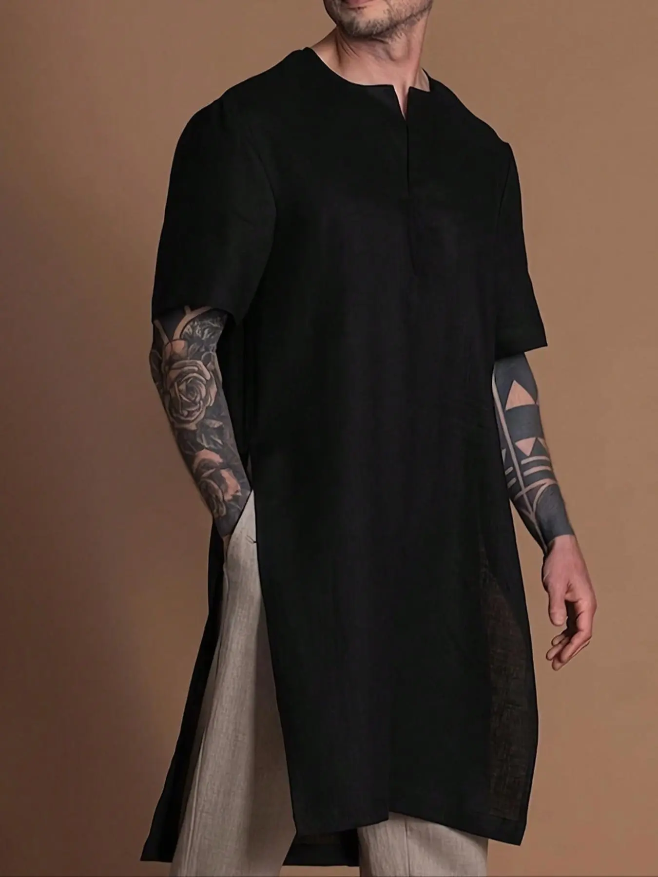 Men's Solid Color Notched Neck Robe, Casual Fashion Short Sleeve Robe for Daily Wear, Men's Islamic Clothing Thobe Gamis for All Seasons