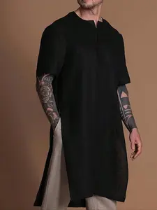 Men's Solid Color Notched Neck Robe, Casual Fashion Short Sleeve Robe for Daily Wear, Men's Islamic Clothing Thobe Gamis for All Seasons