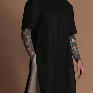 Men's Solid Color Notched Neck Robe, Casual Fashion Short Sleeve Robe for Daily Wear, Men's Islamic Clothing for All Seasons