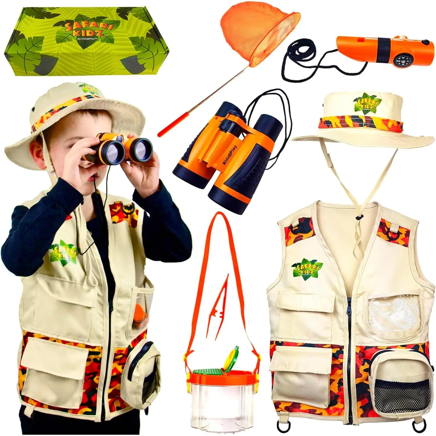 Kids' Camouflage Bug Hunting Kit Gift Box for Boys and Girls - Sun Protection Vest, Safari Hat, Binoculars, Large Net, Bug Container, Whistle, Bright Flashlight, Magnifier, Thermostat, Compass, Tweezers with Secret Compartment for Pretend Play, Kindergart