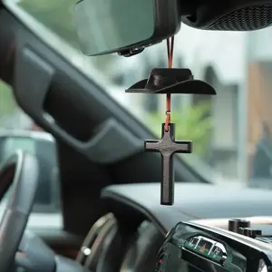 JOYTUTUS Faith gift Faith decoration Car Rearview Mirror Hanging Ornament Denim Style Cowboy Hat & Cross God Bless God's Child Valentine's Day Gift for Car Interior Decoration