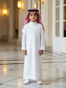 Boys Muslim Clothing For Muslim Saudi Arabian Traditional Thobe Long Sleeve Stand Collar Button Front Pocket Ramadan/eid Gown