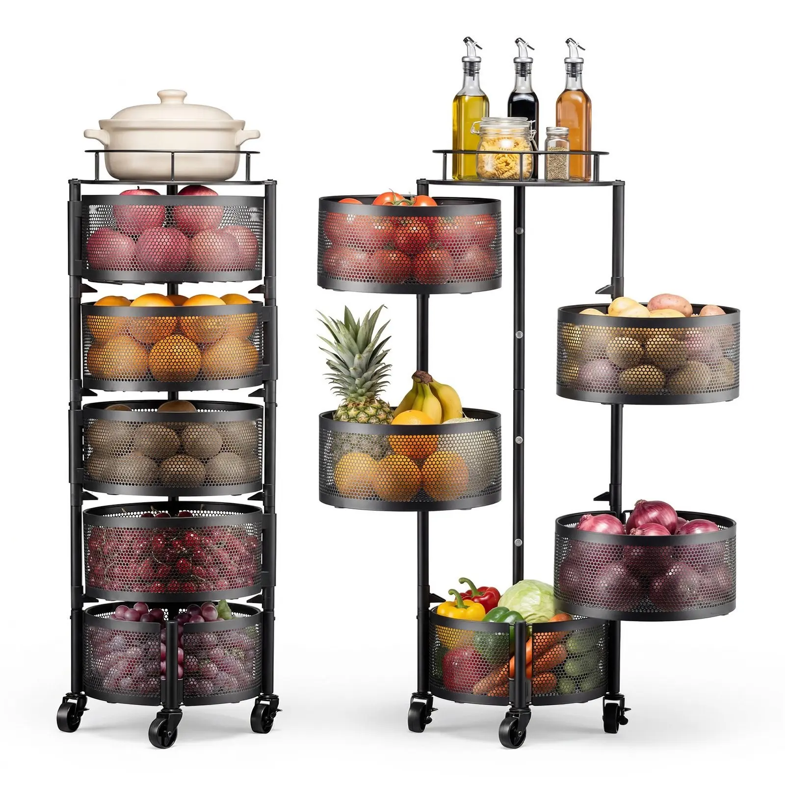 Rotating Storage Rack Cart, 5-Tier Fruit And Vegetable Basket Organizer On Wheels, Heavy-Duty Wire Basket With Large Capacity Stand And Metal Top Lid, Ideal For Kitchen, Bathroom, Nursery, Home And Office, Black