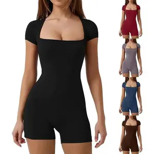 Seamless One Piece Yoga Jumpsuit Tummy Control Butt Lift Short Sleeve Stretch Workout Bodysuit for Gym Casual
