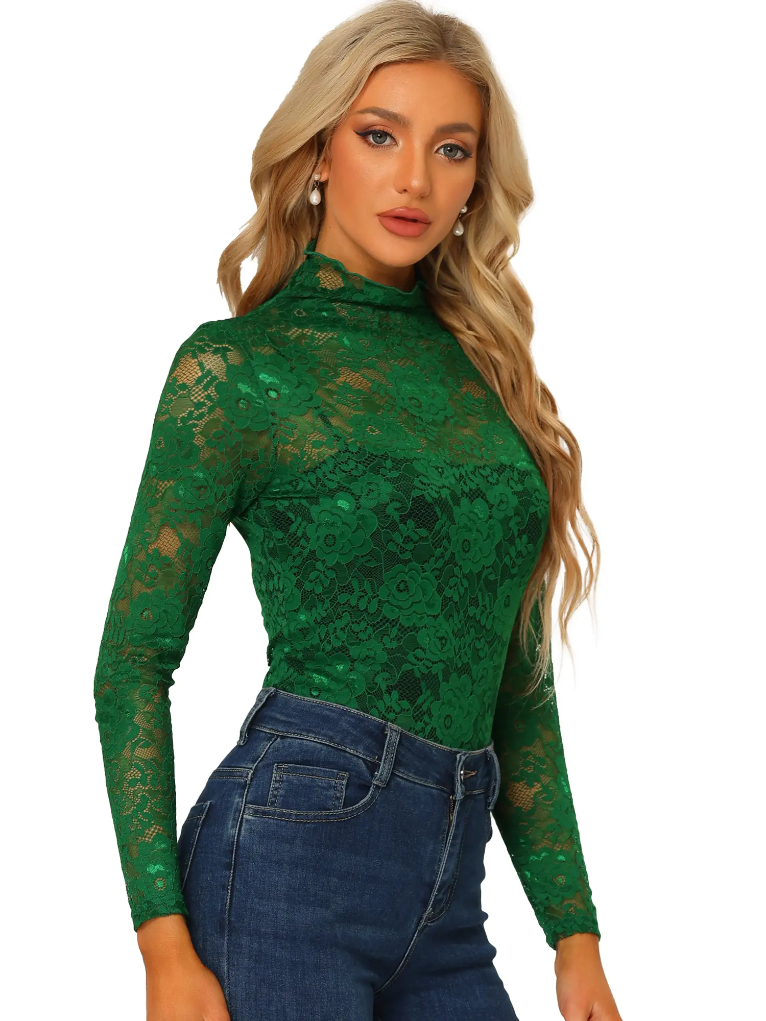 INSPIRE CHIC See Through Long Sleeve Turtleneck Sheer Floral Lace Blouse Top