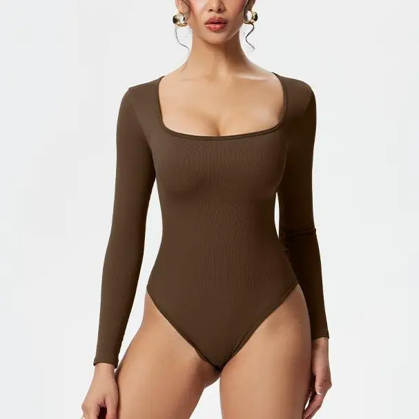 OYV Women's Seamless Slim Fit 1 Piece Long Sleeve Ribbed Square Neck Bodysuit
