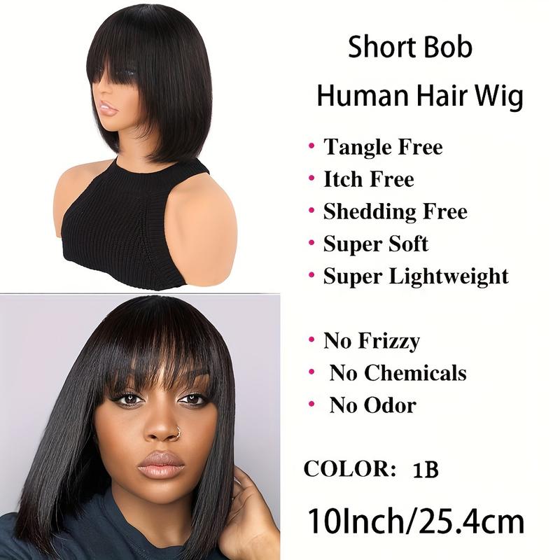 Wholesale Fashionable 10 Inch Short Bob Human Hair Wig with Straight Bangs, Natural Black Color, Density Rose Net Cap for Women, Shoulder-Length Sleek Bob Hairstyle, Middle Part with Neatly Trimmed Ends, Versatile Styling Options, Suitfor All Ethni