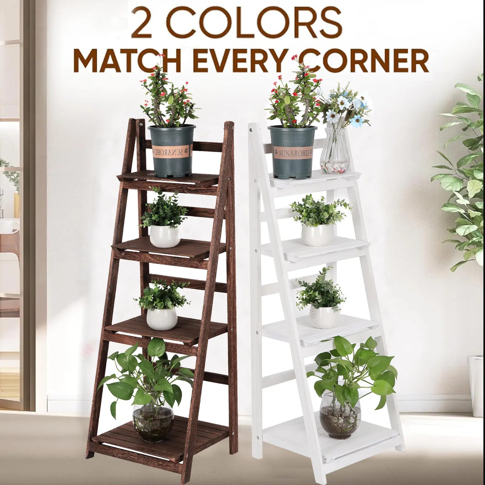 4 Tier Wooden Ladder Shelf 44 in Bookcase Ladder Shelf Storage Shelves Rack Shelf Unit for Office and Home 16.4"D x 13.6"W x 44"H , Wood Brown White