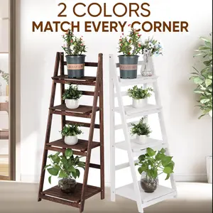 4 Tier Wooden Ladder Shelf 44 in Bookcase Ladder Shelf Storage Shelves Rack Shelf Unit for Office and Home 16.4"D x 13.6"W x 44"H , Wood Brown White