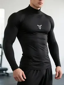 Men's High Neck Tight-Fitting Long Sleeve Sports Top, Perfect for Gym and Fitness, Showcases Body Lines, Logo Design, Gym Workout Tops