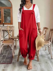 Plus Size Women's Solid Color Sleeveless Bib Pants, Loose Casual Daily Wear Romper Jumpsuit with Pockets, Comfortable One-Piece Overall