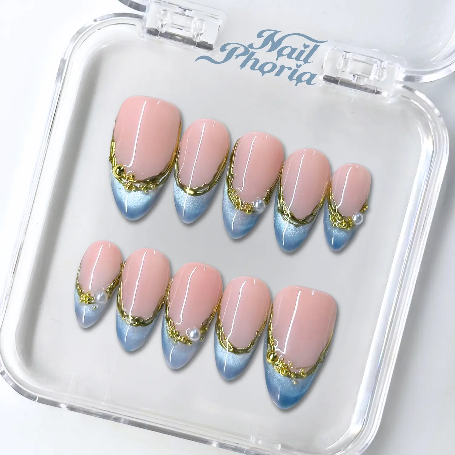 NailPhoria AQUA MIST -SUMMER Handmade Press-On Nails | Reusable, Salon-Quality, Long-Lasting, Glossy Design