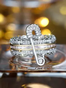 Unique Pin Rings Silk Ribbons Design - Synthetic Zirconia Stackable Finger Rings for Women & Girls Holiday Party Engagement Ring, Perfect for Daily Wear Jewlry Accessories Anniversary Mother's Day Gift, Cubic Zirconia Rings