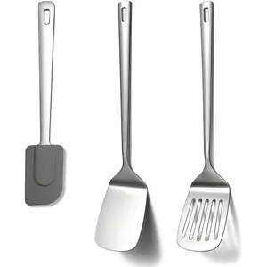 Stainless Steel Spatulas Set 3 count, Metal Spatula Solid&Slotted&Flexible Turner, Heavy Duty Sturdy Kitchen Spatula, High Heat Resistant Cooking Utensils for Nonstick Cookware