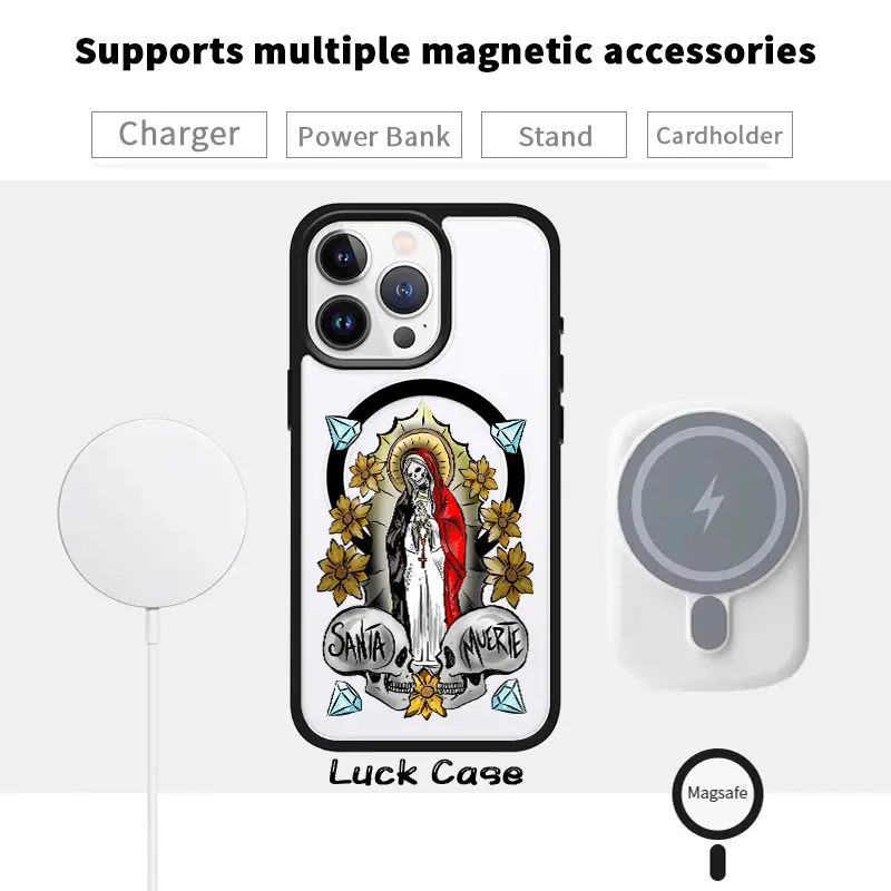 Compatible for iPhone17 Pro Max Plus Air/ 16 Pro Max 15 16E 14 Plus 13 12 Mini 11 Promax X XS XR XSMax Case Santa Muerte Pattern Magnetic Transparent Acrylic Back  Edges Support Wireless Charging Phone Cover for Girl