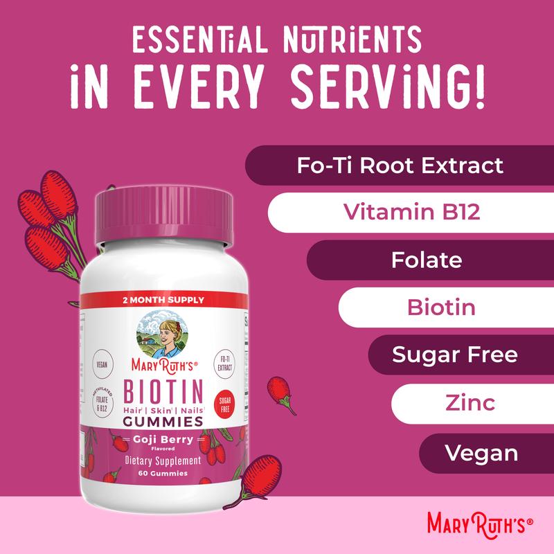 MaryRuth's Biotin Gummies - Sugar Free - 2 Month Supply - Nutrients for Hair Skin & Nails - Biotin 2500mcg - Zinc - B Vitamins - Vegan - 60 Count