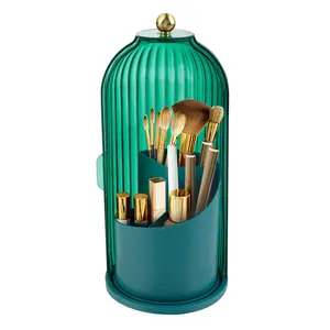 Makeup Brush Holder Organizer Green 360 Rotating Dustproof Waterproof with 3 Compartments for Dressing Tables Skincare Cosmetic Storage