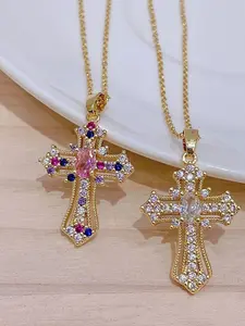 Gold Glitter Zirconia Cross Pendant Necklace Set with Colorful Gemstones, Glamorous & Trendy Jewelry, for Women, Daily & Party Wear