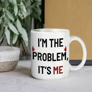 I’m The Problem It’s Me Viral Lyric Coffee 11oz & 15oz Mug, Funny Sarcastic Devil Horn Graphic Ceramic Cup, Trendy Pop Culture Fan Gift, Aesthetic White Coffee Mug for Besties & Coworkers