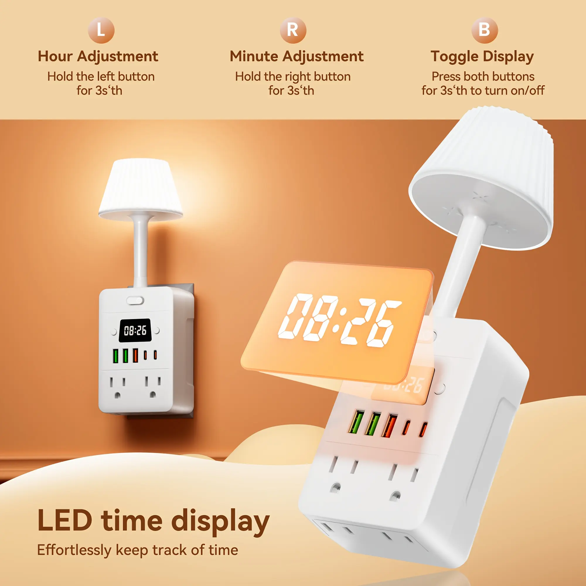 Multi-Function Power Strip Extender, 1 Digital Display Clock, 1 Desk Lamp, 4 AC Power Outlets, 3 USB And 2 Type-C. Power Outlet Converter, One-Touch On/Off Button, Built-In Overload Protector. Suitable for Home, Dormitory, School, Office Use