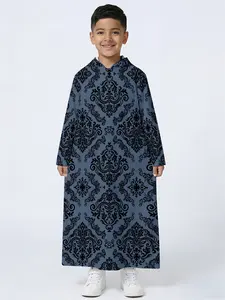 Muslim Boy Traditional Clothing Palace Pattern Hooded Long Sleeve Robe, Boys' Ethnic Style Outerwear, Comfortable Daily Wear