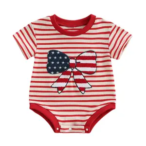Newborn Infant Baby Girl 4th of July Romper American Flag Bow Embroidery Striped Crew Neck Short Sleeve Summer Onesie Clothes