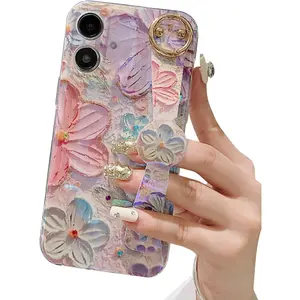Hand Strap Holder Case for 6.7" iPhone 16 Plus with Kickstand - Wrist Strap Band Soft Pattern Shockproof Cover, Adjustable Handle Grip Loop for iPhone 16 Plus 6.7 Inch, Floral Pink