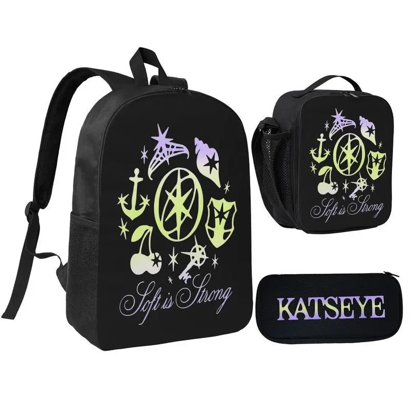 3 in 1 Katseye Soft Is Strong Symbol Backpack Set, Pastel Gradient K-pop Fan Art School Bag with Lunch Box & Pencil Pouch