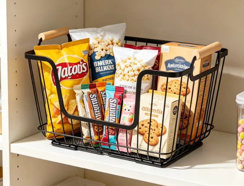 Stackable Wire Pantry Basket with Wooden Handle, Black Kitchen Storage Organizer for Cabinets & Countertops