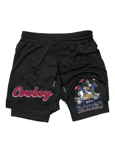 Men's Denim Print 2-In-1 Drawstring Waist Shorts, Fitted Casual Pocket Gym Shorts for Summer, Fashionable Men's Daily Wear Bottoms