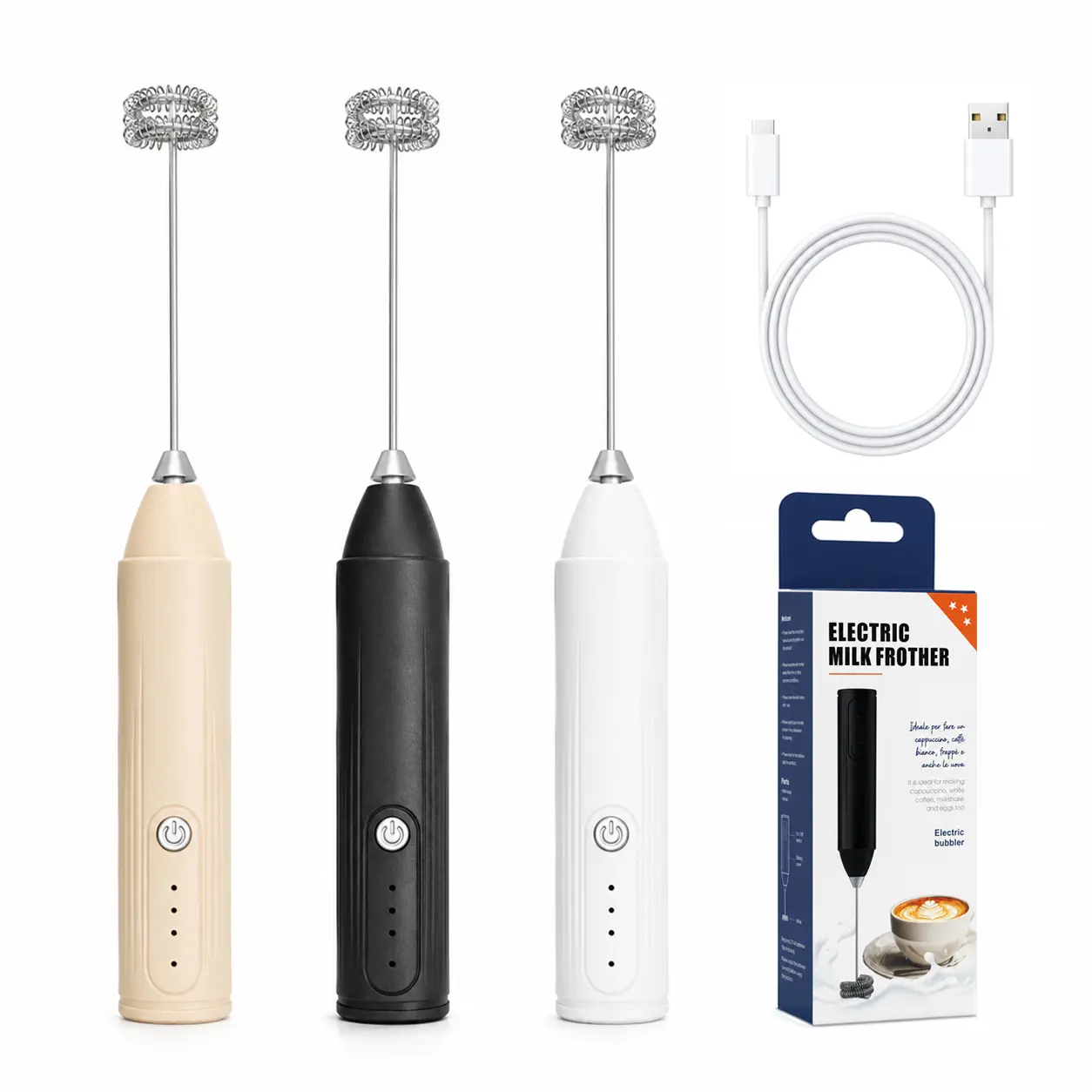 Rechargeable Milk Frother Handheld with 3 Speed Settings, Double Coil Whisk Coffee Frother Wand Drink Mixer for Coffee, Cappuccino, Lattes, Frappe, Matcha and Hot Chocolate
