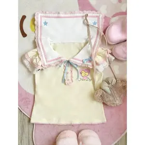 Cartoon Printing T-shirt Summer Streetwear Grunge Single Breasted Fairy Tees Japanese Lace Patchwork Crop Tops Harajuku Slim Fit Casual Womenswear