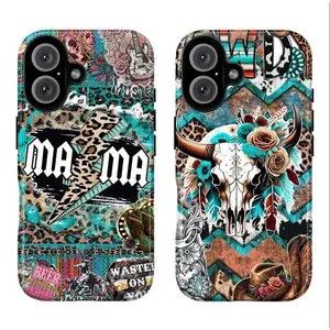 Western rock collage phone case, featuring leopard print, lightning bolt, MAMA guitar, rose, cowboy hat, turquoise, and bull skull elements in a retro country style. Compatible with iPhone 17/16/15/14/13/12/11 and Samsung Galaxy S21-S25.