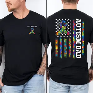 Proud Autism Dad American Flag 2 Side Shirt, Autism Awareness Gift, Autism Warrior Sweatshirt, Gift For Dad Hoodie, Unisex Sweater Pullover Tee