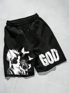 Men's Regular Fit "GOD" Letter Print Drawstring Waist Shorts, Casual Comfy Breathable Pocket Shorts for Summer, Men's Bottoms for Daily Wear, Breathable Printed Shorts, Lightweight Printed Shorts, American style shorts