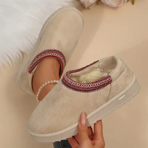Women's Fleece Slippers Stylish Suede Slip - On Mini Snow Boots with Contrast Stitching Indoor Outdoor Shoes