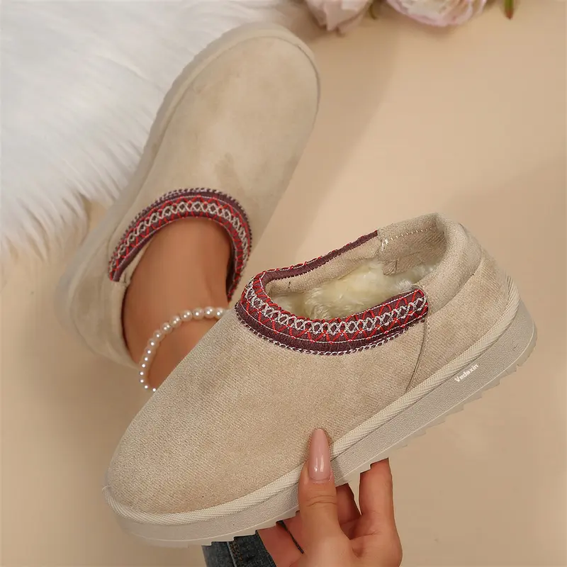 Women's Fleece Slippers Stylish Suede Slip - On Mini Snow Boots with Contrast Stitching Indoor Outdoor Shoes