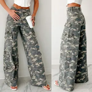 Casual camouflage workwear straight leg women's old jeans loose pants