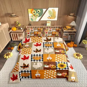 Retro Plaid Splicing Comforter Set,Thanksgiving Theme Sunflower Pumpkin Duvet Set,Soft Bed Collection,Rustic Farmhouse Bedding Comforter for Boys Girls Bedroom