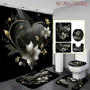 4PCS Heart Flower Shower Curtain set, Black and Gold Floral Heart Bathroom Decor, Accessories with Bath Mat, U-shaped Mat, Toilet Lid Cover, 12 Hooks 180x180cm Curtain, Romantic Floral Theme, Home Decor, Decoration, bathroom accessories