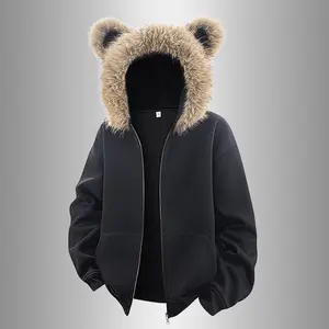 Trendy Bear Ear Fleece Hooded Cardigan Jacket