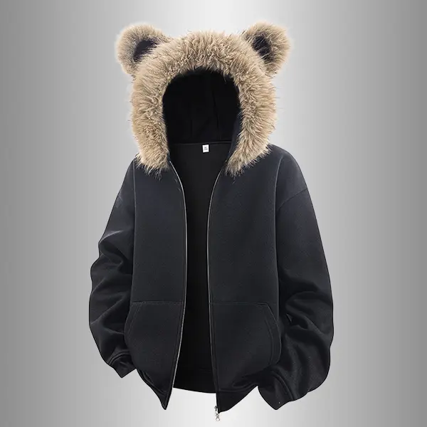Men's Fitted Long-Sleeve Minimalist Bear Ear Fleece Hooded Cardigan Jacket - Comfortable Black Casual Top with Stylish Design, Tops